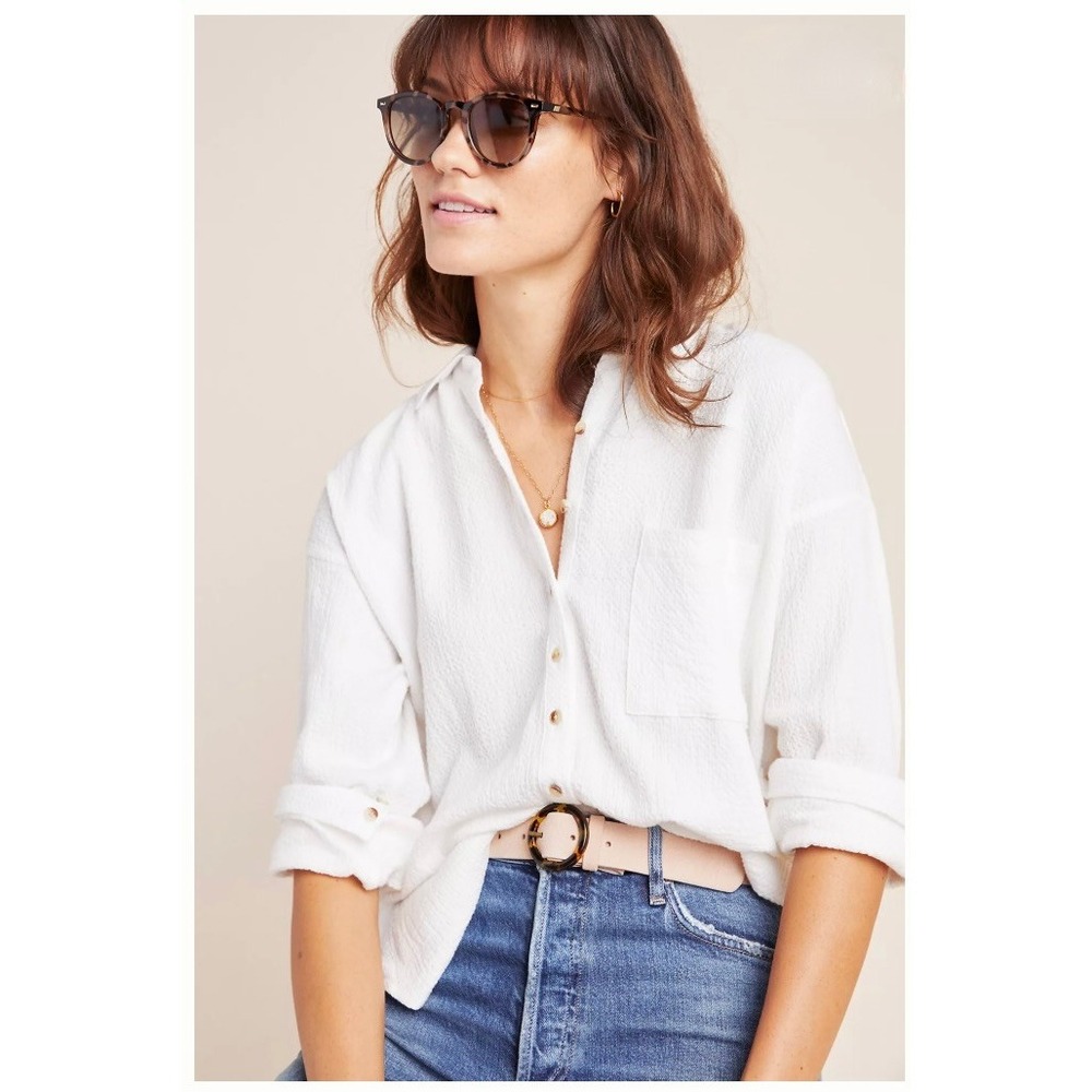 Pilcro Textured Collared Button Up Shirt Womens Size L Cream Lightweight